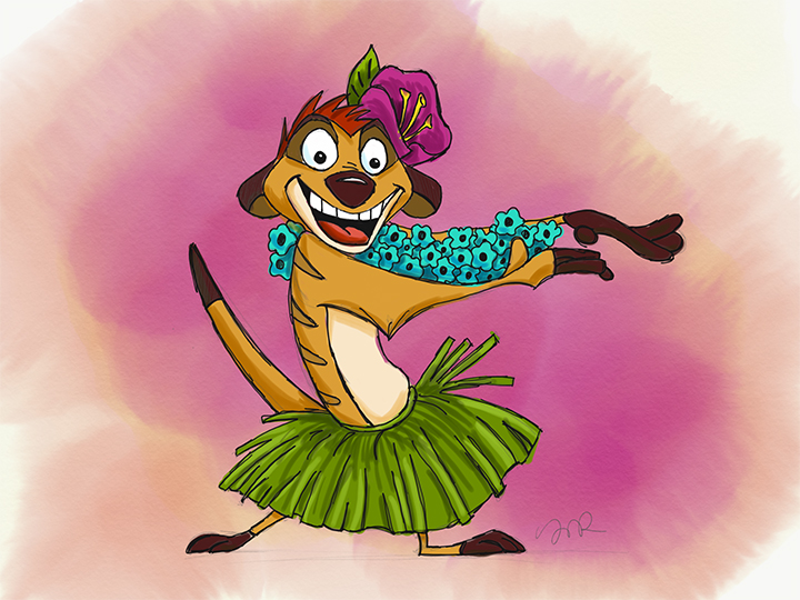 Full color drawing of Timon in hula skirt.